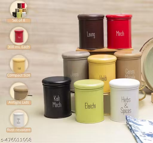 Masala Box – 8 Airtight Spice Jars (300ml) | Durable Steel Kitchen Organizer with BPA-Free Lids